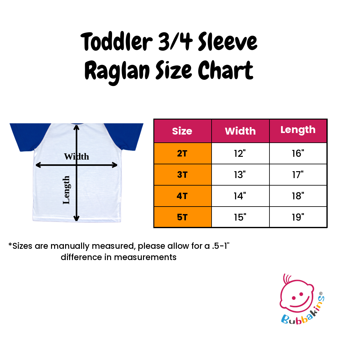 Toddler 3/4 Sleeve Raglan Size Chart