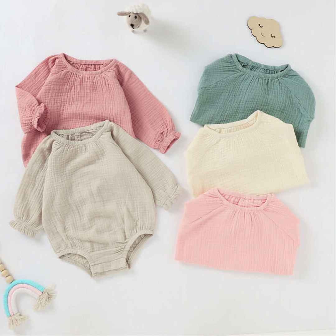 Infant organic cotton muslin bubble romper