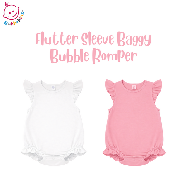 Flutter sleeve baggy bubble romper blank for sublimation, shown in multiple colors, infant and toddler sizes