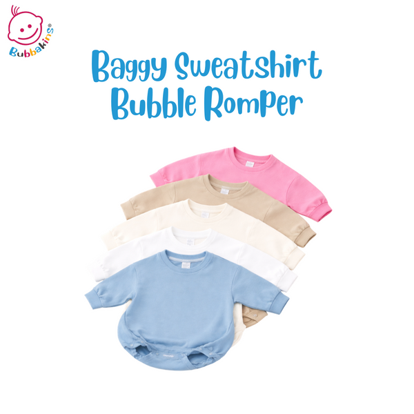 Sweatshirt bubble romper blank for sublimation, shown in multiple colors, infant and toddler sizes
