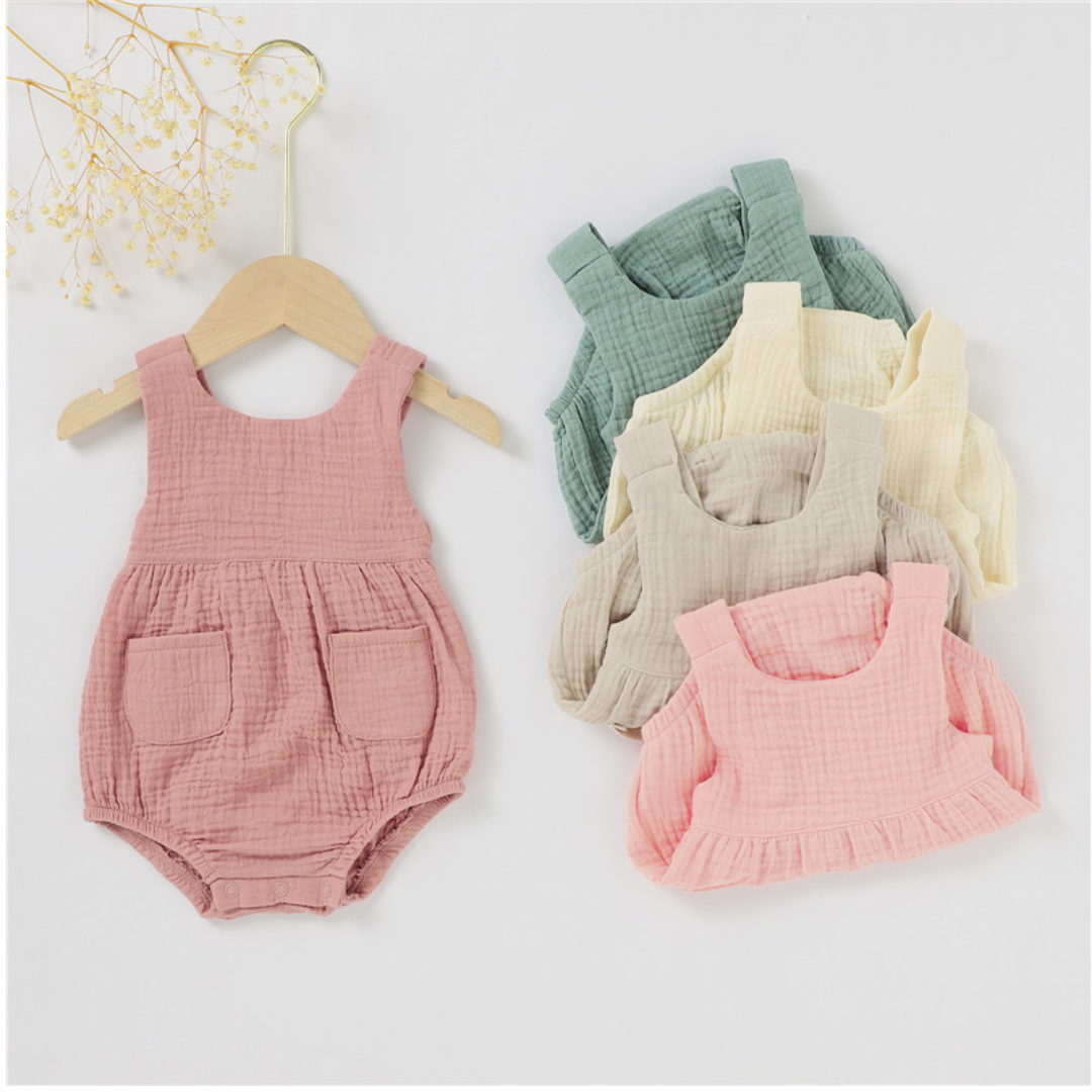 ORGANIC Cotton Muslin Infant Romper Pants with Pockets